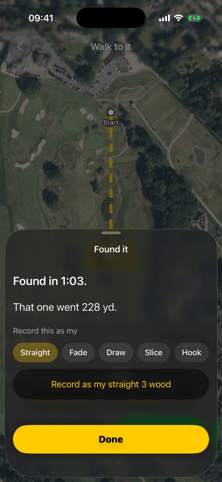 The Found it sheet: found in 1:03, that one went 228 yards, with a button to record it as a straight 3 wood.